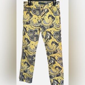 Ralph Lauren Paisley Ankle Pants Yellow Black Cotton Straight Leg Jeans Sz 6